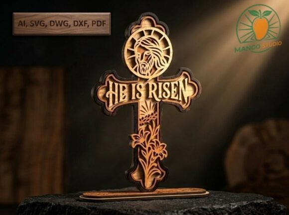 3D Religious Wood Cross CNC File: Detailed Digital Design
