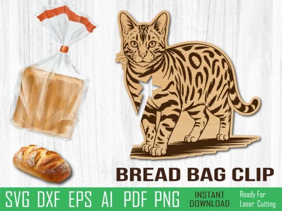 Bengal Cat Bread Clip: Fun Laser Cut SVG for Your Kitchen
