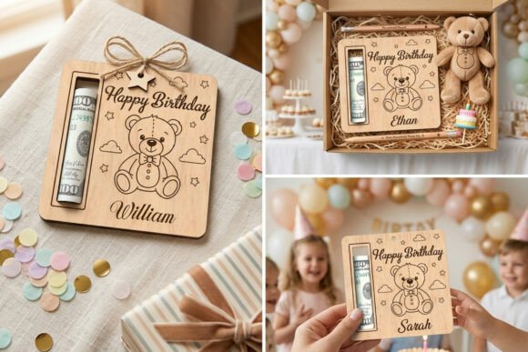 Cute Teddy Bear Birthday Money Holder SVG